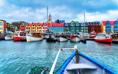 torshavn, 4k, faroe adaları başkenti, hdr, iskele, renkli evler, faroe adaları, avrupa, torshavn şehir manzarası, torshavn panoraması