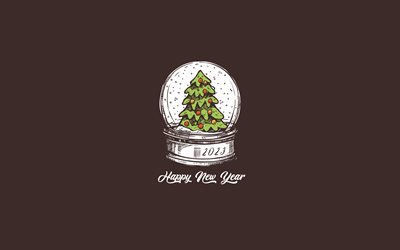 4k, feliz año nuevo 2023, fondo con árbol de navidad, 2023 conceptos, 2023 feliz año nuevo, 2023 arte minimalista, árbol de navidad, fondo marrón, 2023 tarjeta de felicitación, fondo de árbol de navidad 2023