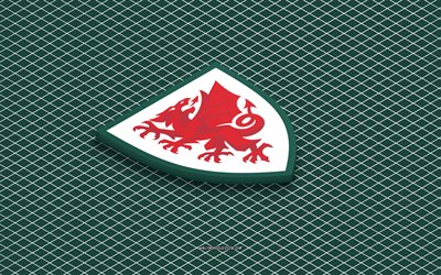 4k, logotipo isométrico da seleção nacional de futebol do país de gales, arte 3d, arte isométrica, seleção nacional de futebol do país de gales, fundo verde, país de gales, futebol, emblema isométrico