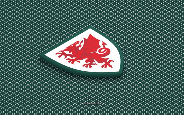 4k, wales fotbollslandslag isometrisk logotyp, 3d konst, isometrisk konst, wales fotbollslandslag, grön bakgrund, wales, fotboll, isometriskt emblem