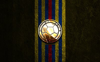 goldenes logo der kolumbianischen fußballnationalmannschaft, 4k, gelber steinhintergrund, conmebol, nationalmannschaften, fußball, logo der kolumbianischen fußballnationalmannschaft, kolumbianische fußballmannschaft, kolumbianische fußballnationalmannschaft