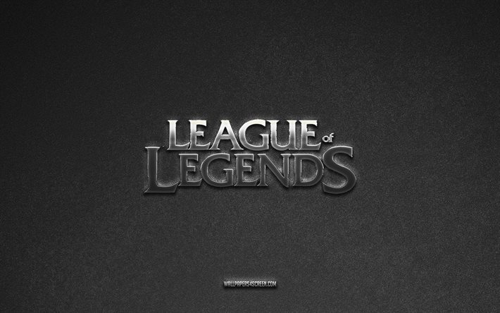 logo de la ligue des légendes, marques de jeux, fond de pierre grise, emblème de league of legends, logos de jeux, league of legends, signes de jeux, logo en métal league of legends, texture de pierre