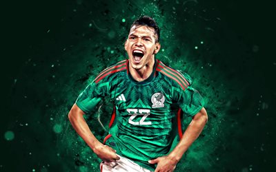 Hirving Lozano, 4k, green neon lights, Mexico National Football Team, soccer, CONCACAF, footballers, green abstract background, mexican football team, Hirving Lozano 4K