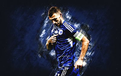 edin dzeko, bosnia ja hertsegovinan jalkapallomaajoukkue, muotokuva, sininen kivi tausta, bosnialainen jalkapalloilija, hyökkääjä, bosnia ja hertsegovina, jalkapallo