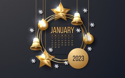 calendrier janvier 2023, 4k, cadre de noël doré, calendriers 2023, concepts 2023, janvier, 2023 fond doré