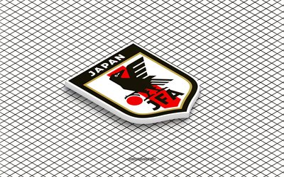 4k, logotipo isométrico del equipo nacional de fútbol de japón, arte 3d, arte isometrico, selección de fútbol de japón, fondo blanco, japón, fútbol, emblema isométrico