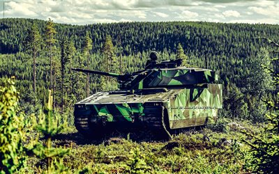 veículo de combate 90, 4k, hdr, veículos de combate, floresta, exército sueco, strf 90, veículos blindados