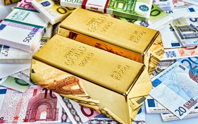 barras de ouro, 4k, comprando conceitos de ouro, ouro em dinheiro, depósito de ouro, finança, dinheiro, ouro, metais preciosos, reservas de ouro