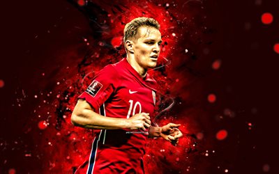 Martin Odegaard, 4k, red neon lights, Norway National Football Team, soccer, UEFA, footballers, red abstract background, Norwegian football team, Martin Odegaard 4K