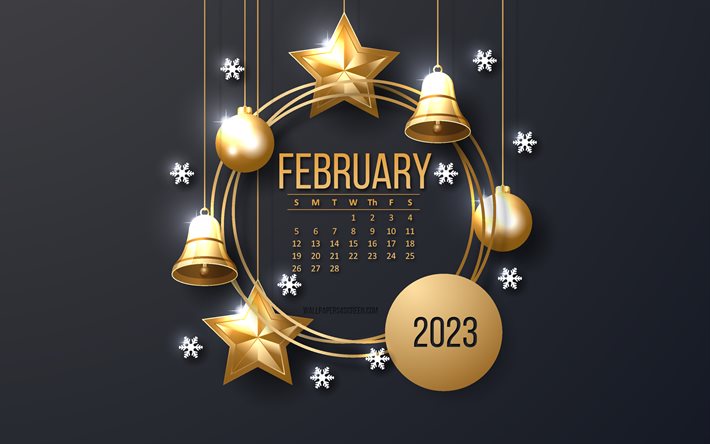 calendrier février 2023, 4k, cadre de noël doré, calendriers 2023, concepts 2023, février, 2023 fond doré