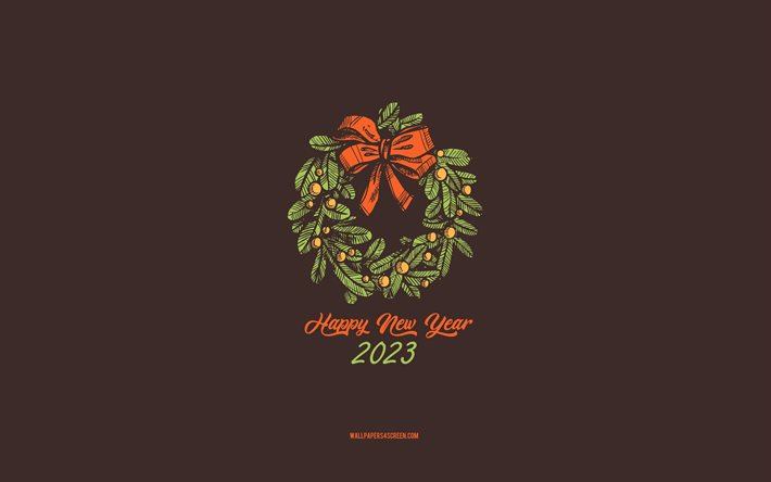 4k, feliz año nuevo 2023, fondo con corona de navidad, 2023 conceptos, 2023 feliz año nuevo, bosquejo de corona de navidad, 2023 arte minimalista, corona de navidad, fondo marrón, 2023 tarjeta de felicitación, fondo de corona de navidad 2023