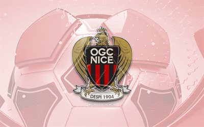 OGC Nice glossy logo, 4K, red football background, Ligue 1, soccer, french football club, OGC Nice 3D logo, OGC Nice emblem, Nice FC, football, sports logo, OGC Nice