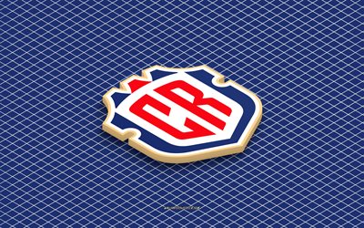 4k, logo isométrique de l'équipe nationale de football du costa rica, art 3d, art isométrique, équipe nationale de football du costa rica, fond bleu, costa rica, football, emblème isométrique