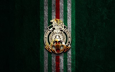 mexikos fotbollslandslags gyllene logotyp, 4k, grön sten bakgrund, concacaf, landslag, mexikos fotbollslandslags logotyp, fotboll, mexikanskt fotbollslag, mexikos fotbollslandslag