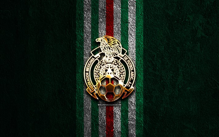 الشعار الذهبي لمنتخب المكسيك الوطني لكرة القدم, 4k, الحجر الأخضر، الخلفية, الكونكاكاف, المنتخبات الوطنية, شعار منتخب المكسيك لكرة القدم, كرة القدم, فريق كرة القدم المكسيكي, منتخب المكسيك لكرة القدم