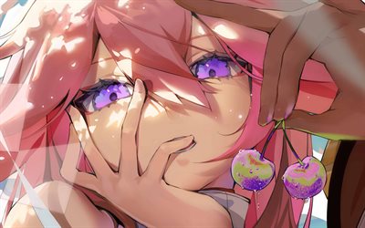 4k, Yae Miko, violet eyes, Genshin Impact, two cherries, purple hair, protagonist, Genshin Impact characters, manga, Yae Miko Genshin Impact