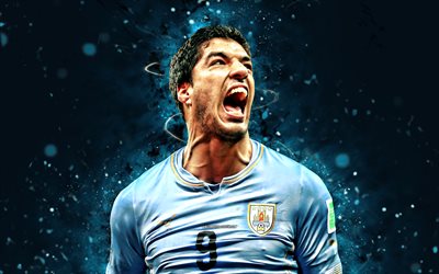 Luis Suarez, 4k, blue neon lights, Uruguay national football team, CONMEBOL, creative, footballers, football, soccer, national teams, Uruguayan football team, blue abstract background, Luis Suarez 4K