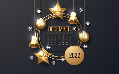 calendrier décembre 2022, 4k, cadre de noël doré, calendriers 2022, concepts 2022, décembre, fond doré 2022