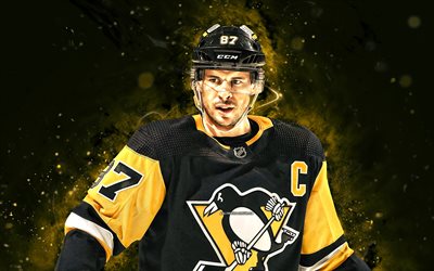 Sidney Crosby, 4k, yellow neon lights, Pittsburgh Penguins, NHL, hockey, Sidney Crosby 4K, yellow abstract background, Sidney Crosby Pittsburgh Penguins