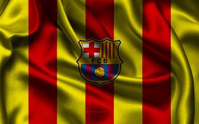 4k, logo del barcellona, tessuto di seta giallo rosso, squadra di calcio catalana, emblema del barcellona, la liga, fc barcelona, spagna, calcio, bandiera del barcellona, barcellona, catalogna