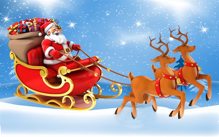 Santa Claus, 3d, snow, winter, sleigh, reindeer, Christmas, New Year