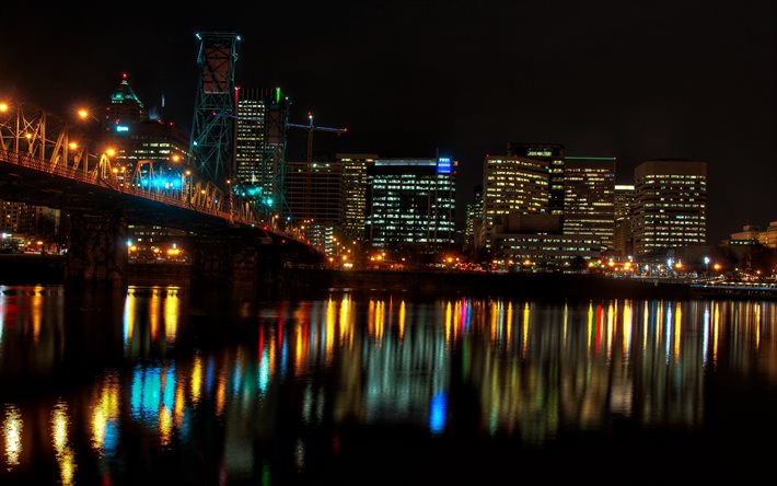 Portland, America, bridge, reflection, night, USA