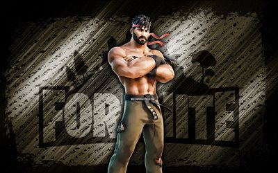 Battle Ryu Fortnite, 4k, brown diagonal background, grunge art, Fortnite, artwork, Battle Ryu Skin, Fortnite characters, Battle Ryu, Fortnite Battle Ryu Skin