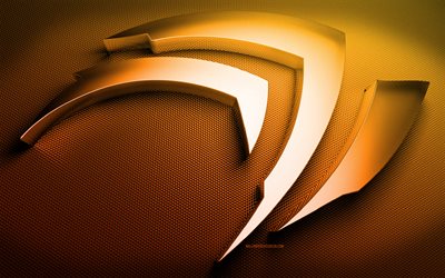 logo nvidia arancione, creativo, logo nvidia 3d, sfondo di metallo arancione, marche, opera d'arte, logo nvidia in metallo, nvidia