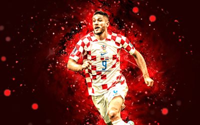 Andrej Kramaric, 4k, red neon lights, Croatia National Team, soccer, footballers, red abstract background, Croatian football team, Andrej Kramaric 4K