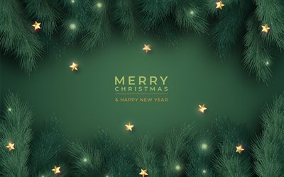 Green christmas frame, Merry Christmas, Happy New Year, pine branches frame, golden stars, christmas frame