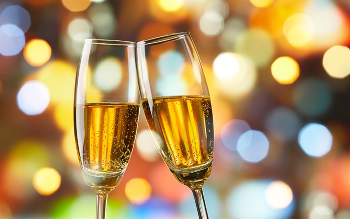 copos de champanhe, 4k, ano novo, natal, destaques dourados, humor festivo, conceito de férias, dois copos, champanhe