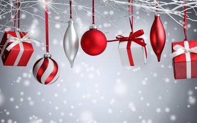 röda juldekorationer, 4k, bollar på strumpeband, grå julbakgrunder, julpynt, jul, god jul, gott nytt år