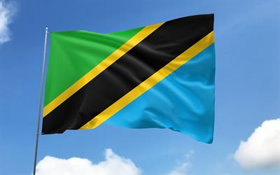 Tanzania flag on flagpole, 4K, African countries, blue sky, flag of Tanzania, wavy satin flags, Tanzanian flag, Tanzanian national symbols, flagpole with flags, Day of Tanzania, Africa, Tanzania flag, Tanzania