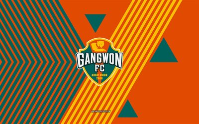 شعار gangwon fc, 4k, فريق كرة القدم الكوري الجنوبي, البرتقالي خطوط خضراء الخلفية, جانجون إف سي, ك الدوري 1, كوريا الجنوبية, فن الخط, كرة القدم