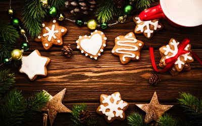 4k, biscoitos natalinos, quadros de natal, obra de arte, fundos de madeira marrons, decorações de natal, natal, feliz natal, feliz ano novo
