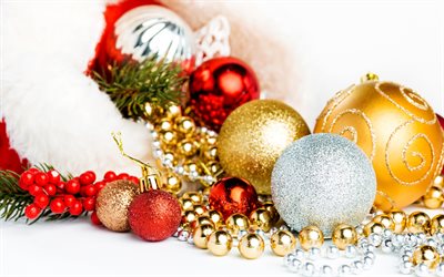 Christmas decorations, Happy New Year, Christmas background, golden Christmas balls, template for Christmas greeting card