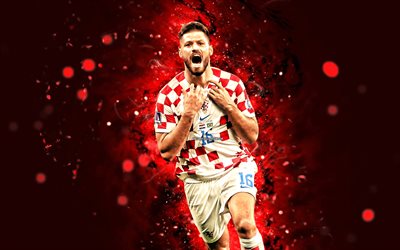 Bruno Petkovic, 4k, red neon lights, Croatia National Team, soccer, footballers, red abstract background, Croatian football team, Bruno Petkovic 4K