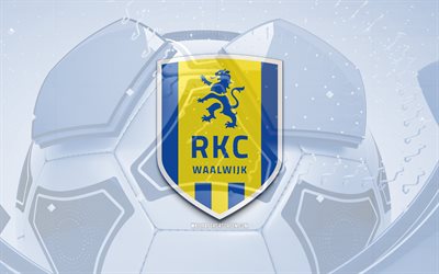RKC Waalwijk glossy logo, 4K, blue football background, Eredivisie, soccer, belgian football club, RKC Waalwijk 3D logo, RKC Waalwijk emblem, Waalwijk FC, football, sports logo, RKC Waalwijk logo, RKC Waalwijk