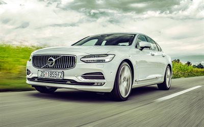 Volvo S90 D5, 4k, highway, 2018 cars, luxury cars, motion blur, 2018 Volvo S90, White Volvo S90, Volvo