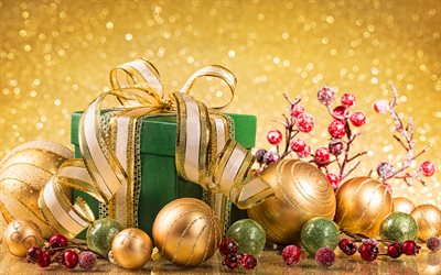 adornos navideños dorados, 4k, caja de regalo verde, fondos dorados de navidad, decoraciones de navidad, navidad, feliz navidad, feliz año nuevo