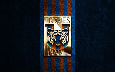 Tigres UANL golden logo, 4k, blue stone background, Liga MX, mexican football club, Tigres UANL logo, soccer, Tigres UANL emblem, Tigres UANL FC, football, Tigres UANL