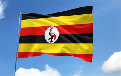 bandeira de uganda no mastro, 4k, países africanos, céu azul, bandeira de uganda, bandeiras de cetim onduladas, símbolos nacionais de uganda, mastro com bandeiras, dia de uganda, áfrica, uganda