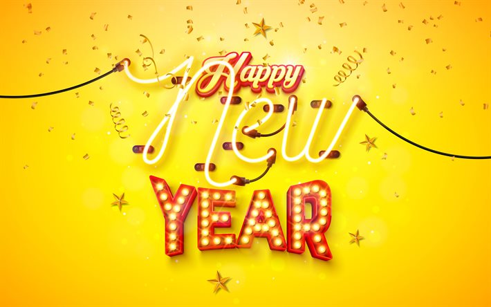 bonne année, 4k, fils incandescents, carte de voeux de nouvel an, fond jaune nouvel an, ampoules, carte de voeux 2023
