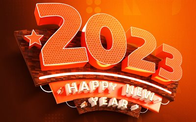 2023 felice anno nuovo, cifre 3d arancioni, 4k, 2023 concetti, 2023 cifre 3d, felice anno nuovo 2023, creativo, 2023 cifre arancioni, 2023 sfondo arancione, 2023 anno