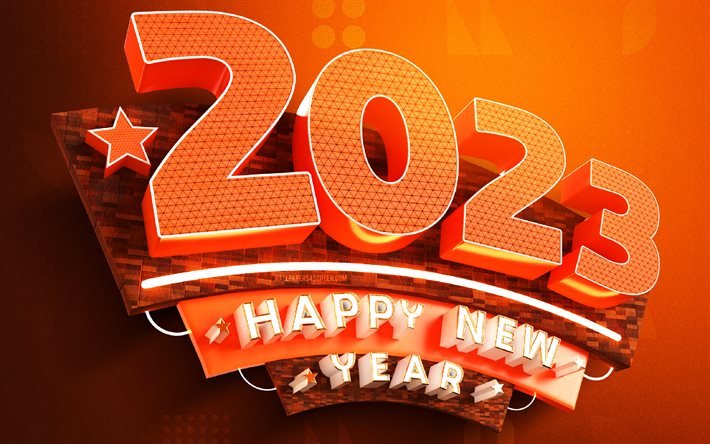 2023 felice anno nuovo, cifre 3d arancioni, 4k, 2023 concetti, 2023 cifre 3d, felice anno nuovo 2023, creativo, 2023 cifre arancioni, 2023 sfondo arancione, 2023 anno