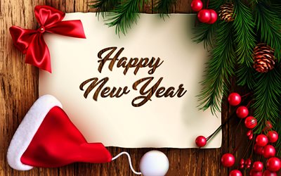 Happy New Year, 4k, santa hat, xmas wooden background, 3D art, christmas decorations, Christmas, xmas frames, xmas decorations