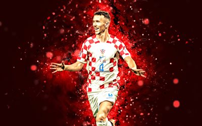 ivan perisic, 4k, néons rouges, équipe nationale de croatie, le football, footballeurs, fond abstrait rouge, équipe croate de football, ivan perisic 4k