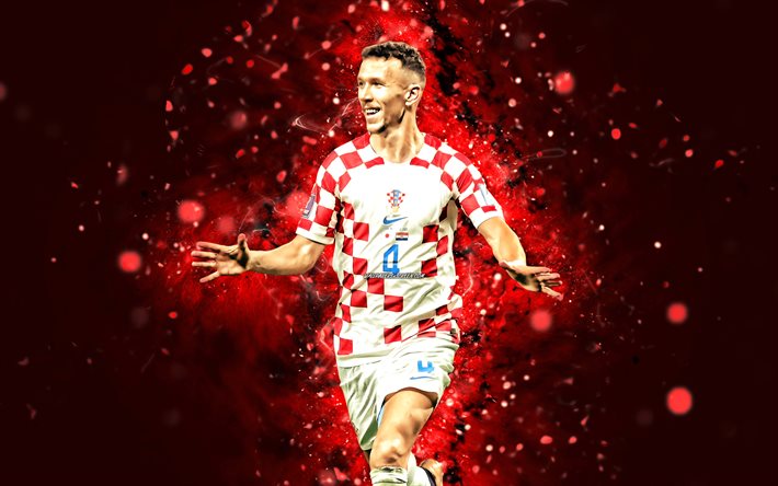 ivan perisic, 4k, punaiset neonvalot, kroatian maajoukkue, jalkapallo, jalkapalloilijat, punainen abstrakti tausta, kroatian jalkapallomaajoukkue, ivan perisic 4k