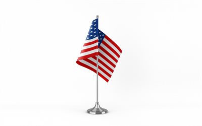 4k, アメリカのテーブル フラグ, 白色の背景, アメリカの国旗, 金属棒の米国旗, 米国の旗, 国のシンボル, アメリカ合衆国, 北米