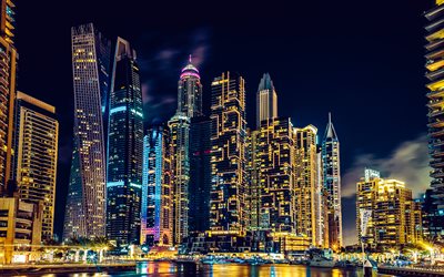4k, dubai, nachtlandschaften, wolkenkratzer, moderne gebäude, vae, bilder mit dubai, vereinigte arabische emirate, moderne architektur, dubai panorama, dubais stadtbild, dubai bei nacht